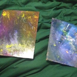 Set of 2 8 v 10 glass pours with black light paint